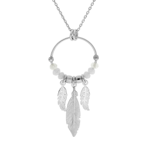 COLLIER ARGENT RHODIÉ 15MM BOULES BLANCHES PAMPILLE 3 PLUMES 40+4CM