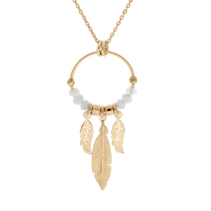 COLLIER ARGENT ET DORURE JAUNE 15MM BOULES BLANCHES PAMPILLE 3 PLUMES 40+4CM