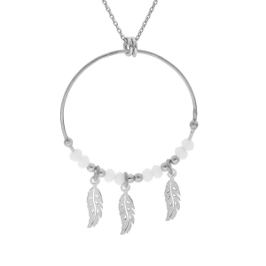 COLLIER ARGENT RHODIE 28MM BOULES BLANCHES PAMPILLE 3 PLUMES 40+4CM