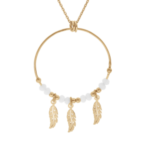 COLLIER ARGENT ET DORURE JAUNE 28MM BOULES BLANCHES PAMPILLE 3 PLUMES 40+4CM