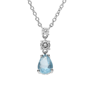 COLLIER ARGENT RHODIÉ PENDENTIF OXYDES RONDS BLANCS SERTIS ET GOUTTE BLEU CIEL OPAQUE ASPECT GLACIALE 42+3CM
