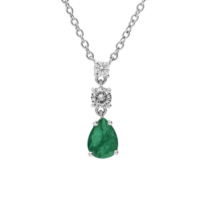 COLLIER ARGENT RHODIÉ PENDENTIF OXYDES RONDS BLANCS SERTIS ET GOUTTE OXYDE VERT FONCÉ 42+3CM