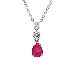 COLLIER ARGENT RHODIÉ PENDENTIF OXYDES RONDS BLANCS SERTIS ET GOUTTE OXYDE FUSHIA 42+3CM