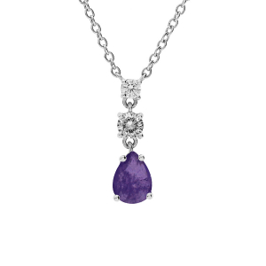 COLLIER ARGENT RHODIÉ PENDENTIF OXYDES RONDS BLANCS SERTIS ET GOUTTE OXYDE VIOLET 42+3CM