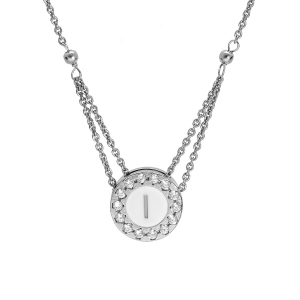 COLLIER ARGENT RHODIÉ PENDENTIF ROND INITIALE I  RECTO VERSO 1 FACE RÉSINE BLANCHE ET L'AUTRE NOIRE CONTOUR OXYDES BLANCS SERTIS 40+5cm