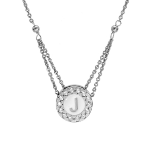 COLLIER ARGENT RHODIÉ PENDENTIF ROND INITIALE J  RECTO VERSO 1 FACE RÉSINE BLANCHE ET L'AUTRE NOIRE CONTOUR OXYDES BLANCS SERTIS 40+5cm