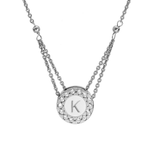 COLLIER ARGENT RHODIÉ PENDENTIF ROND INITIALE  K  RECTO VERSO 1 FACE RÉSINE BLANCHE ET L'AUTRE NOIRE CONTOUR OXYDES BLANCS SERTIS 40+5cm