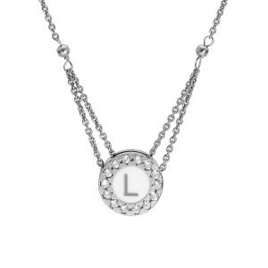 COLLIER ARGENT RHODIÉ PENDENTIF ROND INITIALE L  RECTO VERSO 1 FACE RÉSINE BLANCHE ET L'AUTRE NOIRE CONTOUR OXYDES BLANCS SERTIS 40+5cm