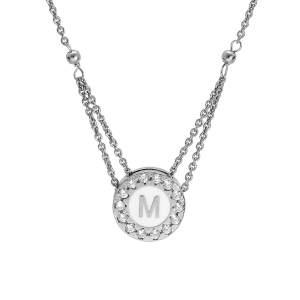 COLLIER ARGENT RHODIÉ PENDENTIF ROND INITIALE M  RECTO VERSO 1 FACE RÉSINE BLANCHE ET L'AUTRE NOIRE CONTOUR OXYDES BLANCS SERTIS 40+5cm