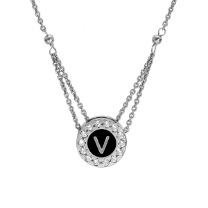 COLLIER ARGENT RHODIÉ PENDENTIF ROND INITIALE V  RECTO VERSO 1 FACE RÉSINE BLANCHE ET L'AUTRE NOIRE CONTOUR OXYDES BLANCS SERTIS 40+5cm
