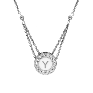 COLLIER ARGENT RHODIÉ PENDENTIF ROND INITIALE Y  RECTO VERSO 1 FACE RÉSINE BLANCHE ET L'AUTRE NOIRE CONTOUR OXYDES BLANCS SERTIS 40+5cm