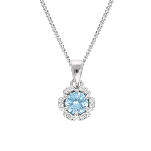 COLLIER ARGENT RHODIÉ PENDENTIF 5MM FLEUR OXYDES BLEU CIEL ET BLANCS SERTIS 42+3CM
