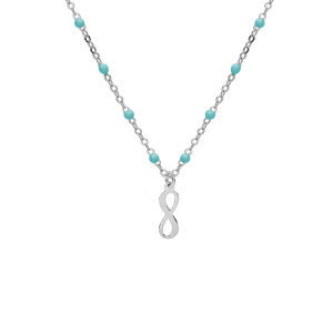 COLLIER ARGENT RHODIÉ BOULES RÉSINE TURQUOISE IMITATION MOTIF INFINI 40+5CM