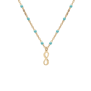 COLLIER ARGENT ET DORURE JAUNE BOULES RÉSINE TURQUOISE IMITATION MOTIF INFINI 40+5CM