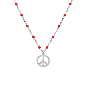 COLLIER ARGENT RHODIÉ BOULES RÉSINE ROUGES MOTIF PEACE AND LOVE 40+5CM