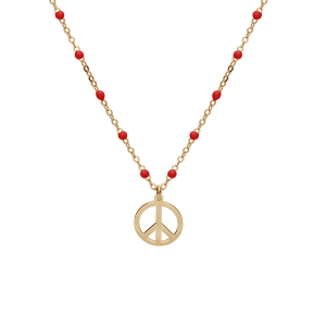 COLLIER ARGENT ET DORURE JAUNE BOULES RÉSINE ROUGES MOTIF PEACE AND LOVE 40+5CM