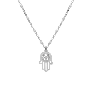 COLLIER ARGENT RHODIÉ BOULES RÉSINE BLANCHES AVEC MAIN DE FATMA 40+5CM