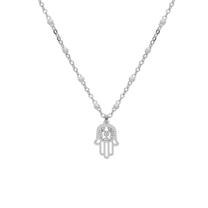 COLLIER ARGENT RHODIÉ BOULES RÉSINE BLANCHES AVEC MAIN DE FATMA 40+5CM