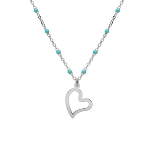 COLLIER ARGENT RHODIÉ BOULES RÉSINE TURQUOISE IMITATION AVEC COEUR 40+5CM