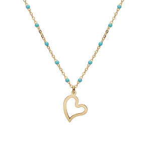 COLLIER ARGENT ET DORE JAUNE BOULES RÉSINE TURQUOISE IMITATION AVEC COEUR 40+5CM