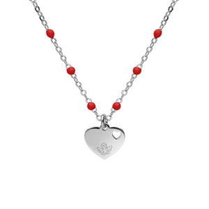 COLLIER ARGENT RHODIÉ BOULES RÉSINE ROUGE AVEC COEUR ET PETIT ANGE 40+5CM