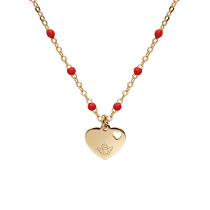 COLLIER ARGENT ET DORURE JAUNE BOULES RÉSINE ROUGES AVEC COEUR ET PETIT ANGE 40+5CM