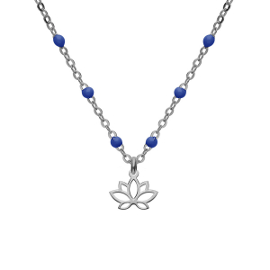 COLLIER ARGENT RHODIÉ BOULES RÉSINE BLEU AVEC FLEUR DE LOTUS 40+5CM