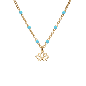 COLLIER ARGENT ET DORURE JAUNE BOULES RÉSINE TURQUOISE IMITATION  AVEC FLEUR DE LOTUS 40+5CM