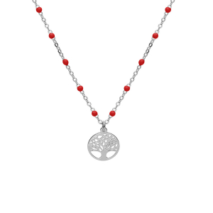 COLLIER ARGENT RHODIÉ BOULES RÉSINE ROUGES AVEC ARBRE DE VIE 40+5CM