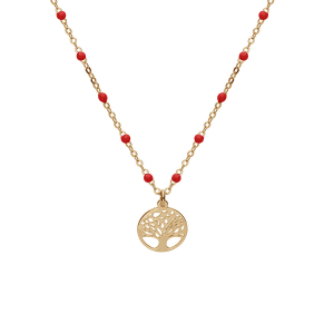 COLLIER ARGENT ET DORURE JAUNE BOULES RÉSINE ROUGES AVEC ARBRE DE VIE 40+5CM