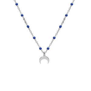 COLLIER ARGENT RHODIÉ BOULES RÉSINE BLEU FONCÉ  AVEC DEMI LUNE 40+5CM