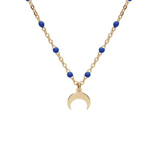 COLLIER ARGENT ET DORURE JAUNE BOULES RÉSINE BLEU FONCÉ  AVEC DEMI LUNE 40+5CM