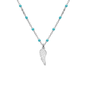 COLLIER ARGENT RHODIÉ BOULES RÉSINE TURQUOISE IMITATION AVEC AILE D'ANGE 40+5CM