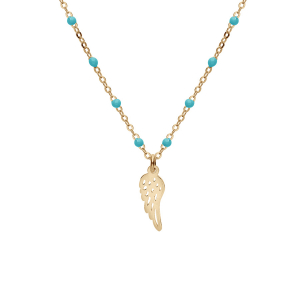 COLLIER ARGENT ET DORURE JAUNE BOULES RÉSINE TURQUOISE IMITATION AVEC AILE D'ANGE 40+5CM