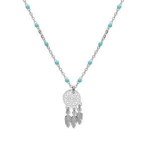 COLLIER ARGENT RHODIÉ BOULES RÉSINE TURQUOISE IMITATION AVEC ATTRAPE REVE 40+5CM
