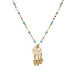 COLLIER ARGENT ET DORURE JAUNE BOULES RÉSINE TURQUOISE IMITATION AVEC ATTRAPE REVE 40+5CM