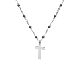 COLLIER ARGENT RHODIÉ BOULES RÉSINE NOIRES AVEC CROIX 40+5CM