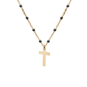 COLLIER ARGENT ET DORURE JAUNE BOULES RÉSINE NOIRES AVEC CROIX 40+5CM
