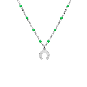 COLLIER ARGENT RHODIÉ BOULES RÉSINE VERTES AVEC FER A CHEVAL 40+5CM