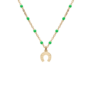 COLLIER ARGENT ET DORURE JAUNE BOULES RÉSINE VERTES AVEC FER A CHEVAL 40+5CM