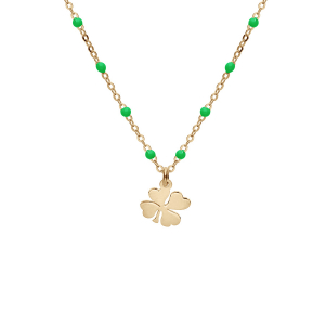 COLLIER ARGENT ET DORURE JAUNE BOULES RÉSINE VERTES AVEC TREFLES  40+5CM