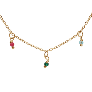 COLLIER ARGENT ET DORURE JAUNE PAMPILLES BOULES EMPIERRÉES MULTI COULEURS 40+5CM