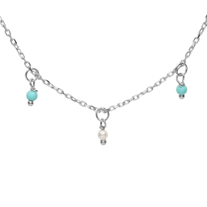COLLIER ARGENT RHODIÉ PAMPILLES BOULES RÉSINES TURQUOISE IMITATION 40+5CM