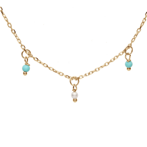 COLLIER ARGENT ET DORURE JAUNE PAMPILLES BOULES RÉSINES BLANCHES ET TURQUOISES IMITATION 40+5CM