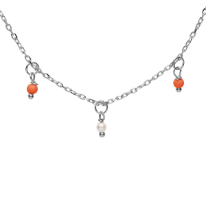 COLLIER ARGENT RHODIÉ PAMPILLES BOULES RÉSINES BLANCHES ET ROUGES 40+5CM