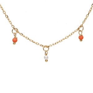 COLLIER ARGENT ET DORURE JAUNE PAMPILLES BOULES RÉSINES BLANCHES ET ROUGES 40+5CM