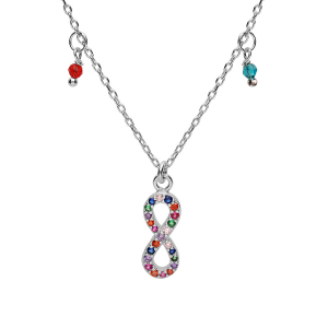 COLLIER ARGENT RHODIÉ PENDENTIF INFINI EMPIERRÉS ET PAMPILLES BOULES MULTI COULEURS ET 40+5CM