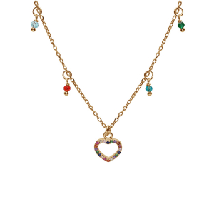 COLLIER ARGENT ET DORURE JAUNE PENDENTIF COEURS ET PAMPILLES EMPIERRÉS MULTI COULEURS 40+5CM