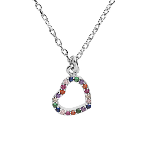 COLLIER ARGENT RHODIÉ PENDENTIF COEUR EMPIERRÉS MULTI COULEURS 40+5CM