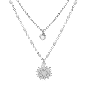 COLLIER ARGENT RHODIÉ RÉSINE BLANCHE 2 RANGS SOLEIL ET COEUR OXYDE BLANC 40+5CM